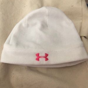 White Under Armor beanie with pony tail hole in back